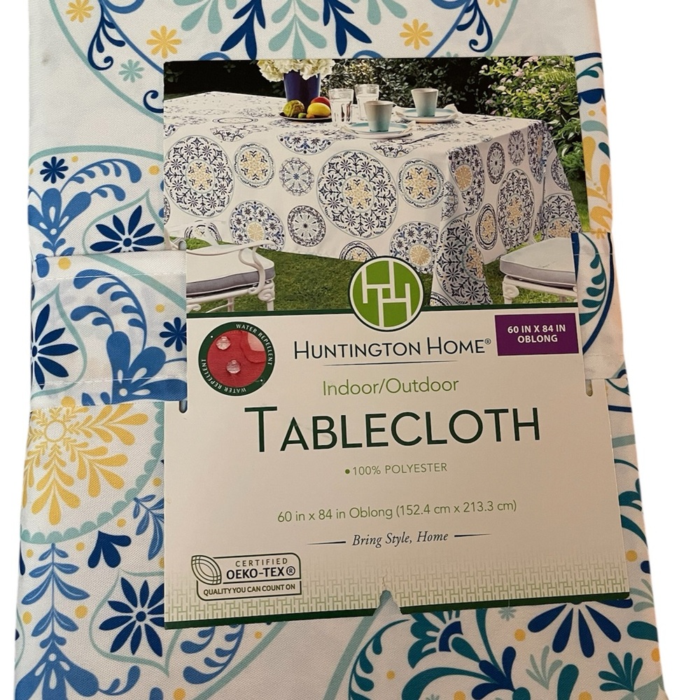 Huntington Home Floral Blue & Yellow Tablecloth 60X84 Oblong Indoor or Outdoor